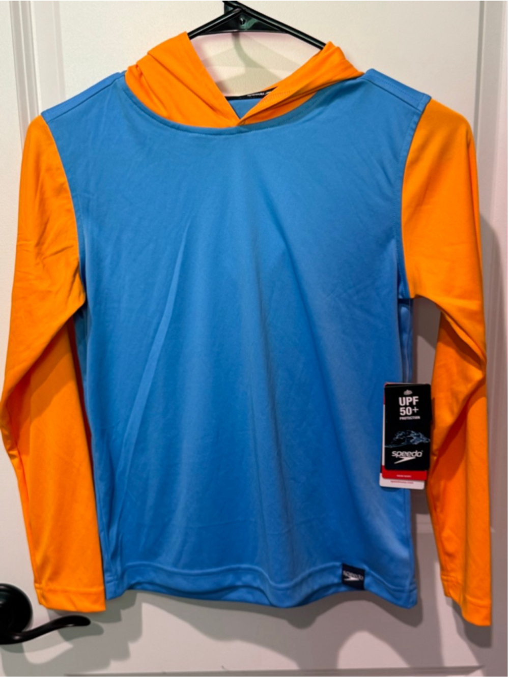 Boys Speedo Blue Orange hooded Rashguard M 10/12 UPF50+